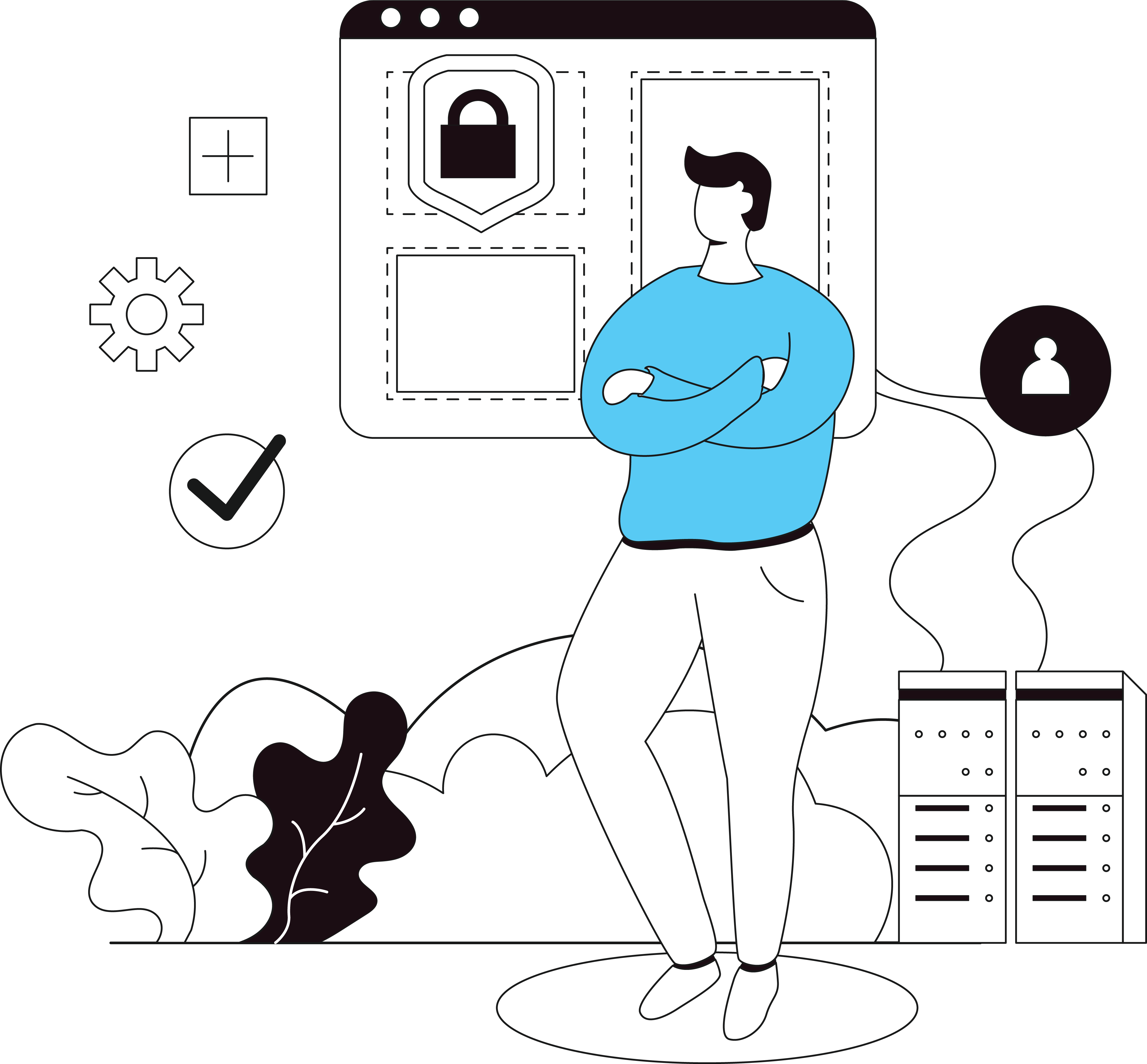 Illustration showing self-hosted data with lock and server security icons