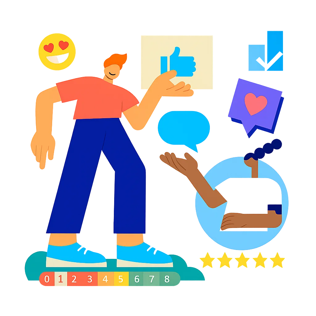 Colorful illustration of people providing feedback with thumbs-up, hearts, stars, and NPS scale